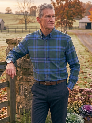 A man stands outdoors in a rural setting, leaning against a stone pillar next to a wooden gate. He is wearing a blue and green plaid button-down shirt and dark trousers.