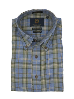 A folded long-sleeve plaid button-down shirt by Viletta, featuring a light blue base with green and beige plaid stripes, displayed on a clean white background.