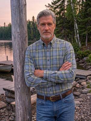 A man with gray hair and a beard stands outdoors by a wooden dock next to a lake at sunset, wearing a blue and green plaid button-down shirt, blue jeans, and a brown belt.