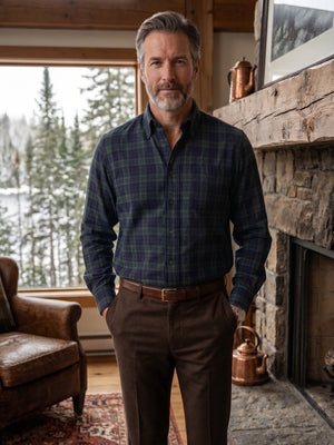 Chemise classique en flanelle Viyella à carreaux verts et marine, fabriquée au Canada