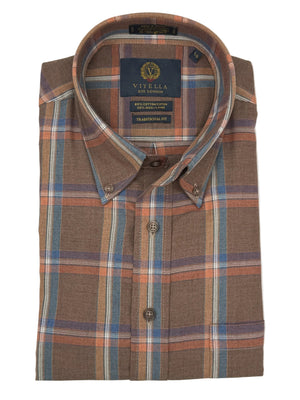 A folded long-sleeve plaid shirt by Vittelba & Spono, featuring a brown base with orange, blue, and beige stripes in a classic tartan pattern.