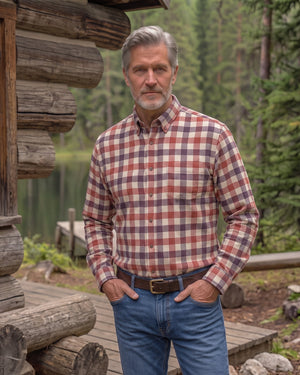 A man wearing a red, blue, and white plaid button-down shirt and blue jeans stands in front of a rustic log cabin with a forest background.
