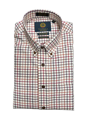A folded long-sleeve button-down shirt by Virgil Abrahams, featuring a red, navy, and white checkered pattern on a white base, laid flat on a dark textured carpet.