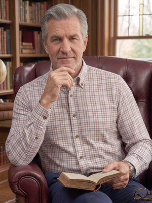 A middle-aged man with gray hair sits in a dark red leather armchair in a study, wearing a beige and blue checkered button-down shirt and holding an open book. Bookshelves, a globe, and a window are visible in the background.