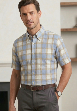 Viyella 100% Madras Cotton Beige and Blue Shirt