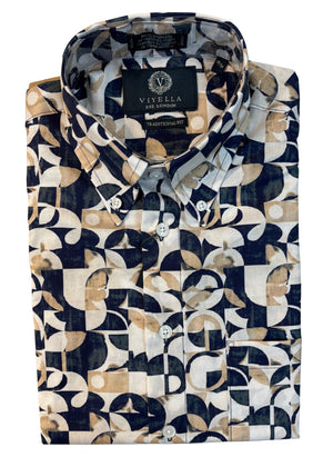 Viyella Made in Canada Cream and Blue Printed Shor Sleeve Shirt with Stretch