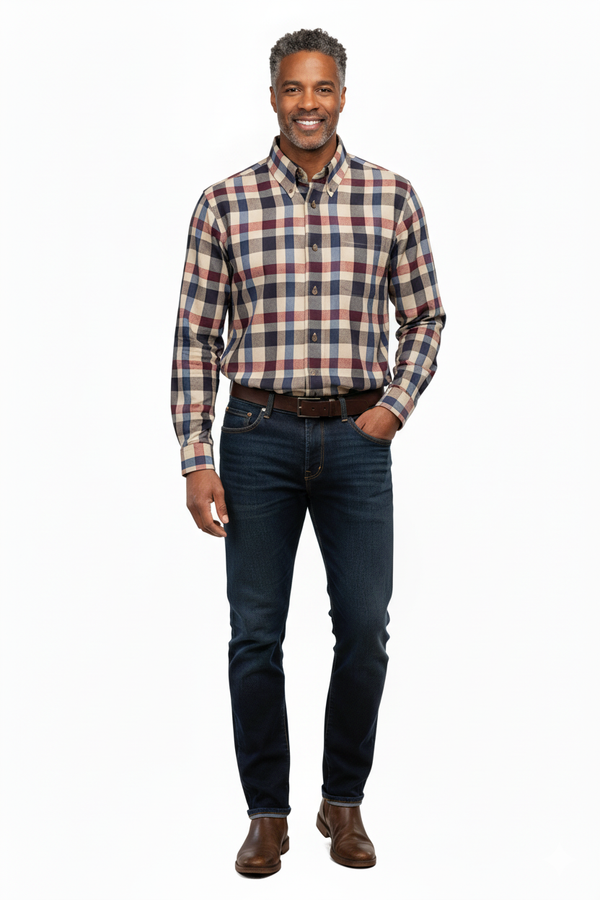 Chemise à carreaux crème Viyella et multicolore fabriquée au Canada