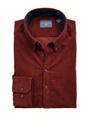 Leo Chevalier Burgundy Long Sleeve Corduroy Button Down Shirt with Stretch