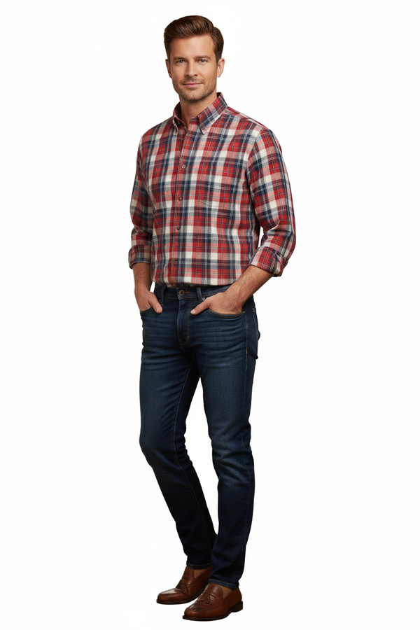 Chemise Viyella à carreaux rouges, crème et bleus, fabriquée au Canada