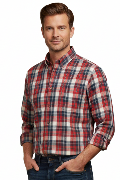 Chemise Viyella à carreaux rouges, crème et bleus, fabriquée au Canada