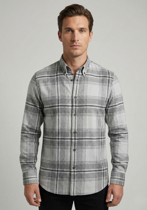 Chemise à manches longues Leo Chevalier en coton brossé, grande taille, à carreaux gris