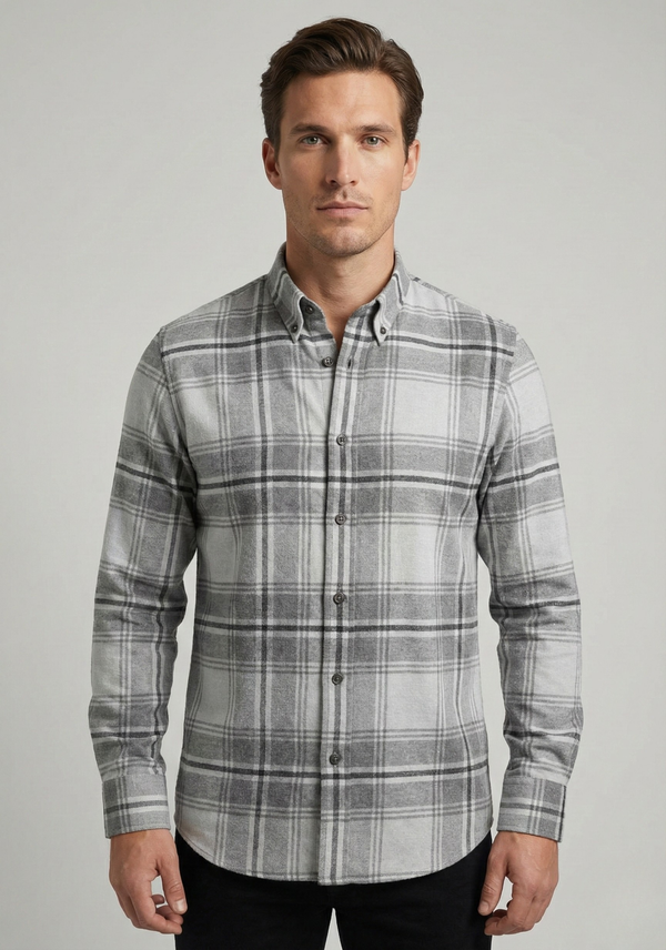 Leo Chevalier Brushed Cotton Large Grey Plaid Long Sleeve Shirt