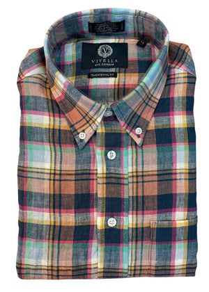 Viyella Made in Canada 100% Linen Bright Multi Short Sleeve Shirt