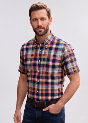 Viyella Made in Canada 100% Linen Bright Multi Short Sleeve Shirt