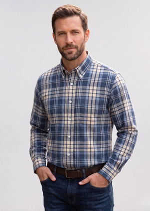 Viyella Made in Canada Blue and Beige Linen Blend Shirt