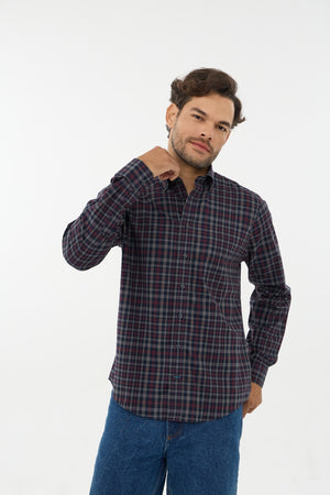 Leo Chevalier 100% Cotton Non-Iron Navy and Burgundy Plaid Shirt
