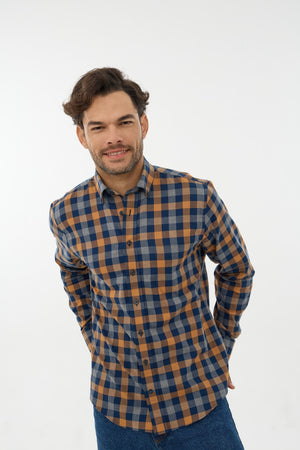 Leo Chevalier 100% Brushed Cotton Non-Iron Orange Check Shirt