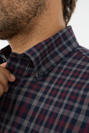 Leo Chevalier 100% Cotton Non-Iron Navy and Burgundy Plaid Shirt