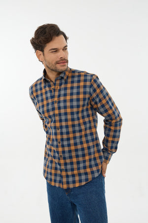 Leo Chevalier 100% Brushed Cotton Non-Iron Orange Check Shirt