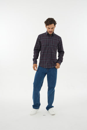 Leo Chevalier 100% Cotton Non-Iron Navy and Burgundy Plaid Shirt