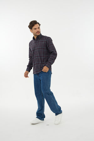 Leo Chevalier 100% Cotton Non-Iron Navy and Burgundy Plaid Shirt