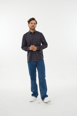 Leo Chevalier 100% Cotton Non-Iron Navy and Burgundy Plaid Shirt