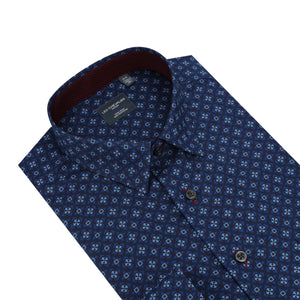 Chemise Leo Chevalier bleu marine à imprimé cercles et carrés, infroissable