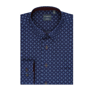 Chemise Leo Chevalier bleu marine à imprimé cercles et carrés, infroissable
