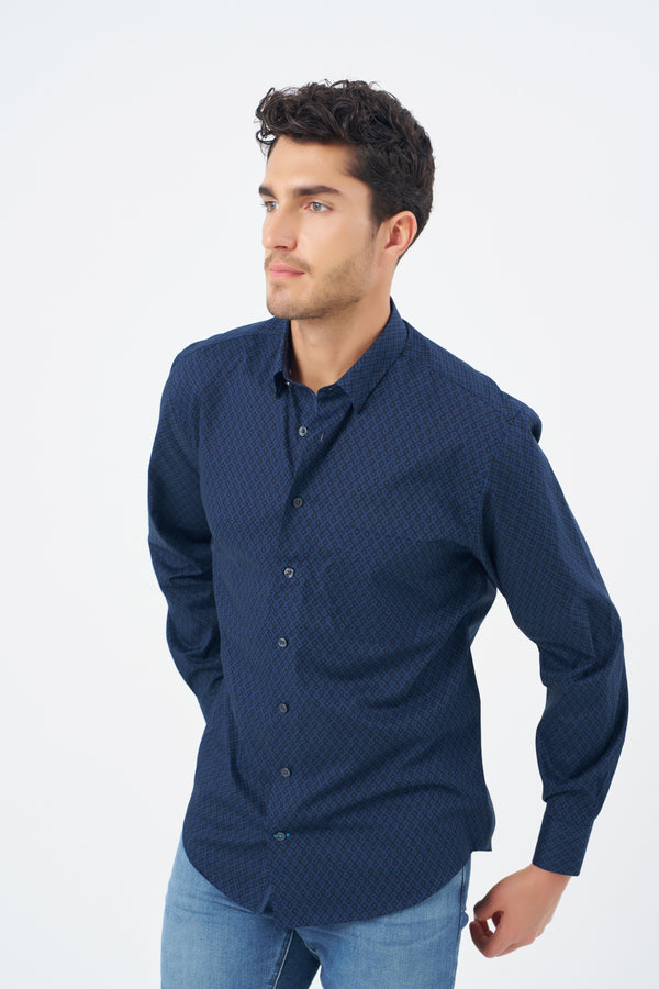 Leo Chevalier Navy Diamond Print Non Iron Shirt