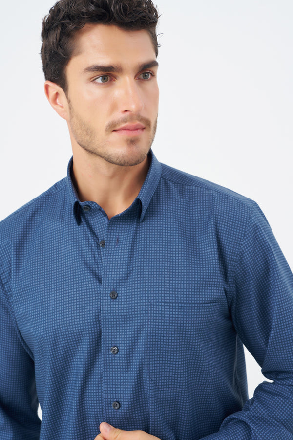 Leo Chevalier Faded Blue Square Print Non Iron Shirt