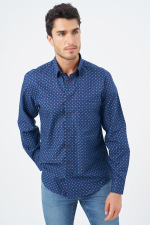 Chemise Leo Chevalier bleu marine à imprimé cercles et carrés, infroissable