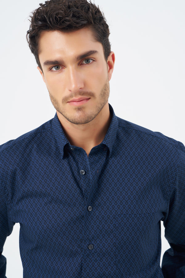 Leo Chevalier Navy Diamond Print Non Iron Shirt