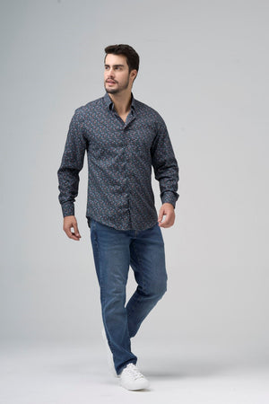 Navy Multi Flower Print 100% Cotton Non-Iron Shirt