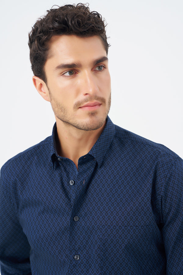 Leo Chevalier Navy Diamond Print Non Iron Shirt
