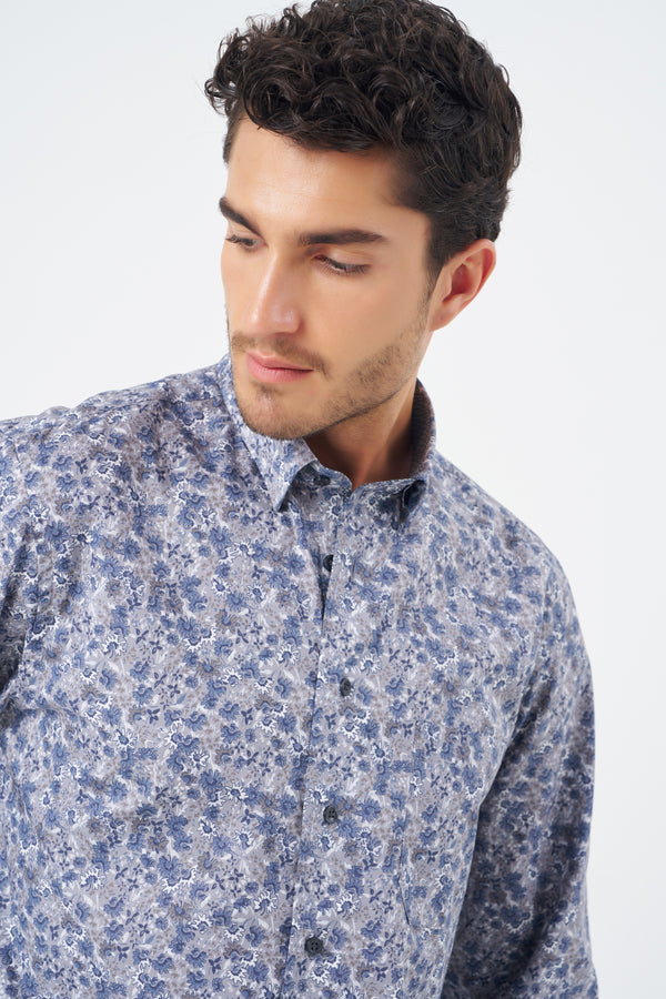 Leo Chevalier Grey Floral Print Non Iron Shirt