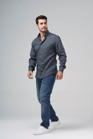 Navy Multi Flower Print 100% Cotton Non-Iron Shirt