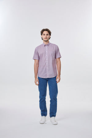Chemise à manches courtes rouge, micro-carreaux, sans repassage Leo Chevalier