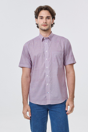 Chemise à manches courtes rouge, micro-carreaux, sans repassage Leo Chevalier
