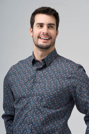 Navy Multi Flower Print 100% Cotton Non-Iron Shirt
