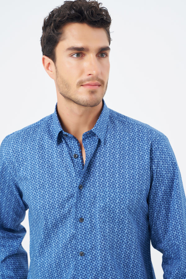 Leo Chevalier 100% Cotton Non-Iron Blue Triangle Print Shirt