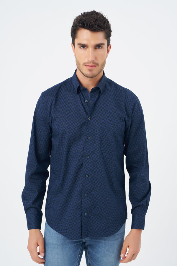Leo Chevalier Navy Diamond Print Non Iron Shirt