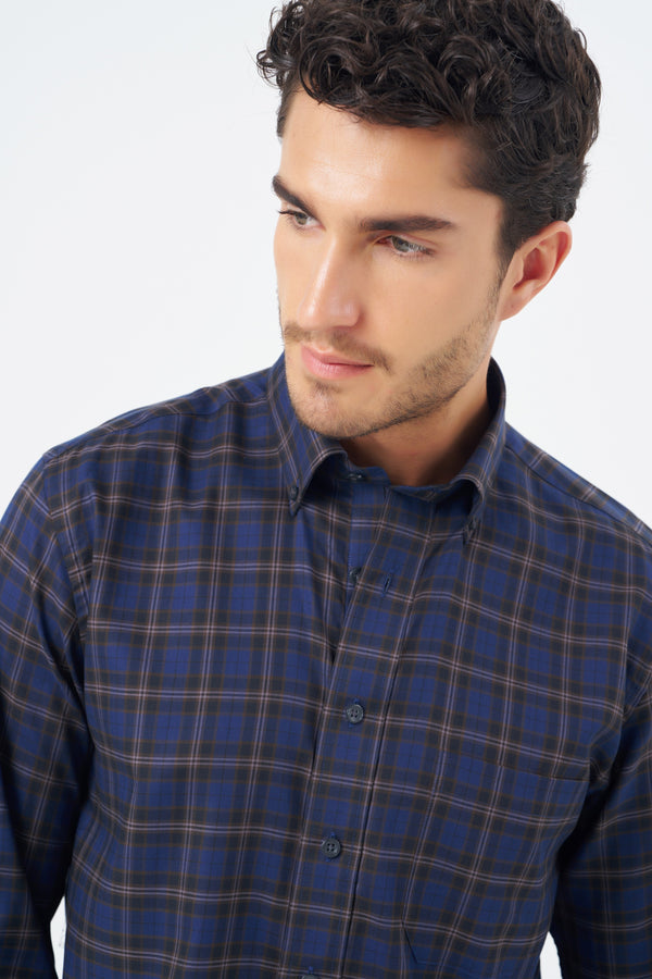 Leo Chevalier 100% Cotton Non Iron Blue Plaid Shirt