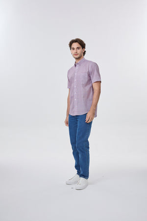 Chemise à manches courtes rouge, micro-carreaux, sans repassage Leo Chevalier