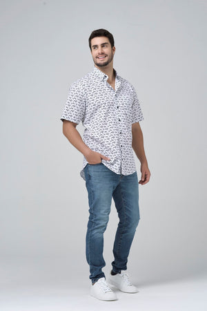 Leo Chevalier White and Black Print Non Iron Shirt