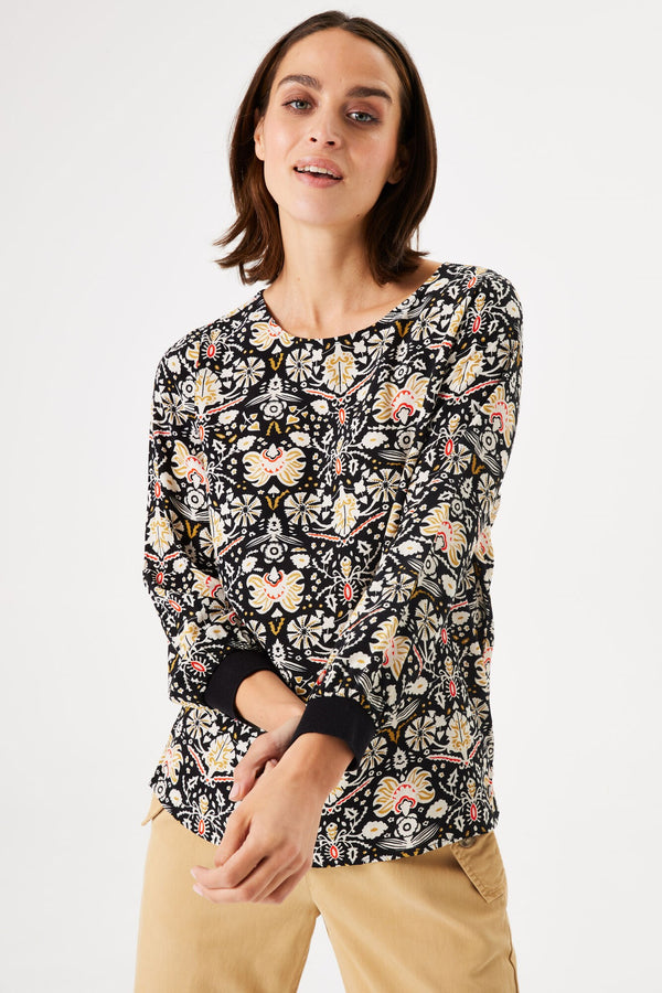 Allover print Blouse with Ribbed Cuffs