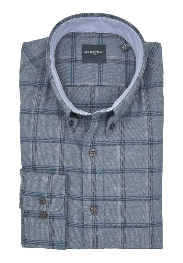 Leo Chevalier Brushed Cotton Denim Check Long Sleeve Shirt