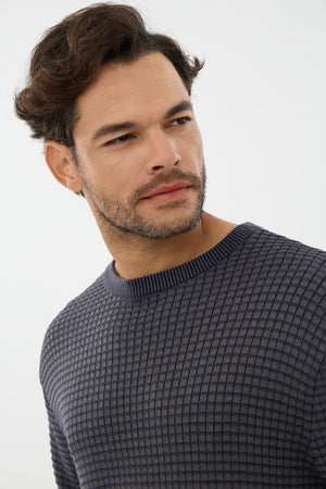 Leo - Pull homme col rond en coton et acrylique à texture bicolore