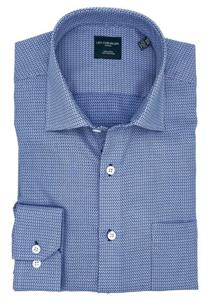 Chemise habillée sans repassage 100 % coton bleu et blanc Dobby de Leo Chevalier