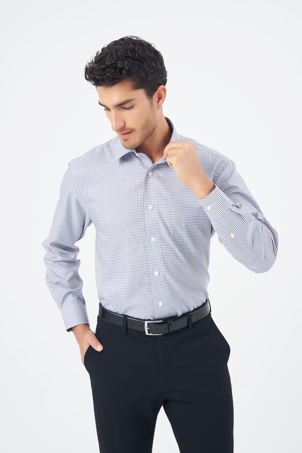 Leo Chevalier Non Iron Blue and Brown Check Dress Shirt with Stretch