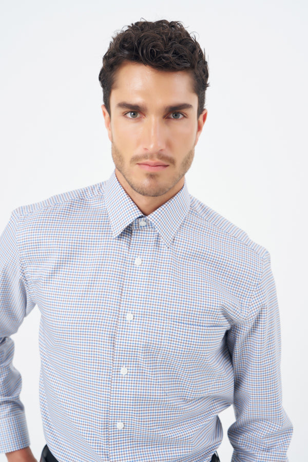 Leo Chevalier Non Iron Blue and Brown Check Dress Shirt with Stretch